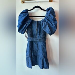 Cleobella, P2P 14 Blue sample Denim Puff Sleeve Tiered Mini Dress, Size S | 150